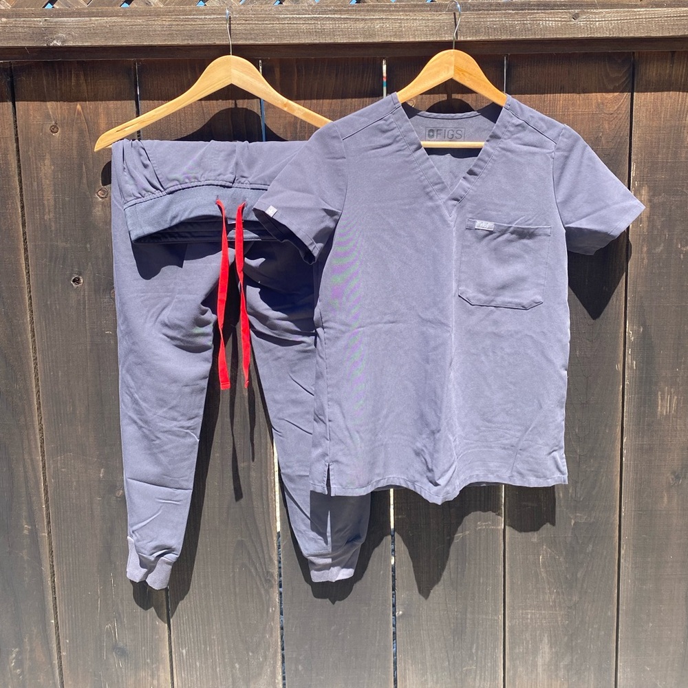 Figs charcoal gray scrub set with red tie